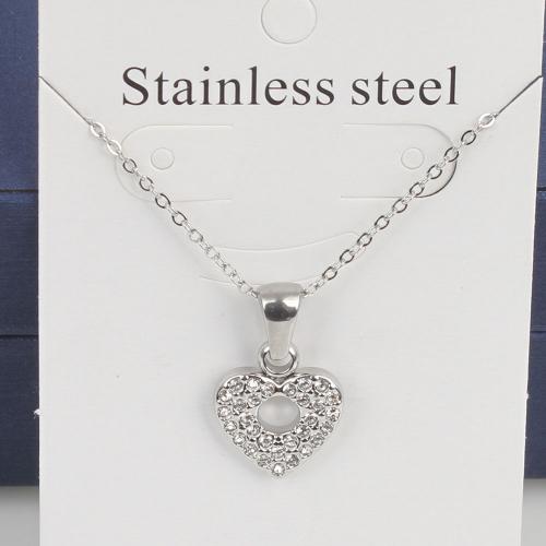 Titanium Steel Necklace, with 5cm extender chain, Heart, fashion jewelry & Unisex & with rhinestone & hollow, original color, nickel, lead & cadmium free, 14.20x11.90x2mm, Length:Approx 45 cm, 5PCs/Bag, Sold By Bag