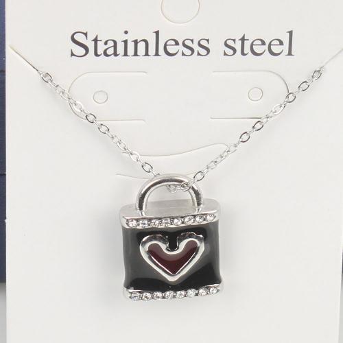 Titanium Steel Necklace, with 5cm extender chain, Lock, fashion jewelry & Unisex & enamel & with rhinestone, black, nickel, lead & cadmium free, 17.10x13.50x5.10mm, Length:Approx 45 cm, 5PCs/Bag, Sold By Bag