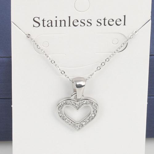 Titanium Steel Necklace, with 5cm extender chain, Heart, fashion jewelry & Unisex & with rhinestone & hollow, original color, nickel, lead & cadmium free, 15.10x14.20x1.60mm, Length:Approx 45 cm, 5PCs/Bag, Sold By Bag