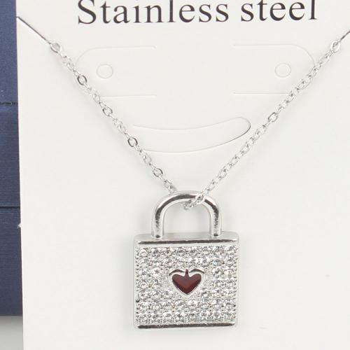 Titanium Steel Necklace, with 5cm extender chain, Lock, fashion jewelry & Unisex & enamel & with rhinestone, red, nickel, lead & cadmium free, 20x13.90x2.50mm, Length:Approx 45 cm, 5PCs/Bag, Sold By Bag