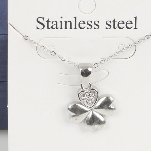 Titanium Steel Necklace, with 5cm extender chain, Four Leaf Clover, fashion jewelry & Unisex & with rhinestone, original color, nickel, lead & cadmium free, 16.20x14x2.60mm, Length:Approx 45 cm, 5PCs/Bag, Sold By Bag