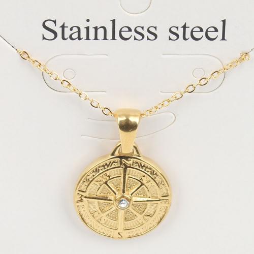 Titanium Steel Necklace, with 5cm extender chain, Flat Round, Vacuum Ion Plating, fashion jewelry & Unisex & with rhinestone, golden, nickel, lead & cadmium free, 18.50x16x3.70mm, Length:Approx 45 cm, 5PCs/Bag, Sold By Bag
