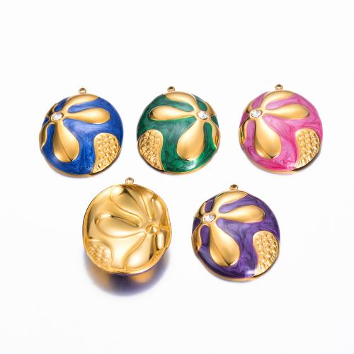 Stainless Steel Pendants 304 Stainless Steel Round gold color plated DIY & enamel & with rhinestone Sold By Bag