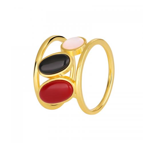 Brass Finger Ring with Cats Eye & Black Agate & Red Agate plated & for woman golden Sold By PC