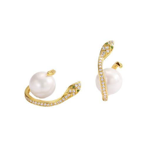 Cubic Zirconia Micro Pave Brass Earring, with Shell Pearl, plated, micro pave cubic zirconia & for woman, golden, Sold By Pair