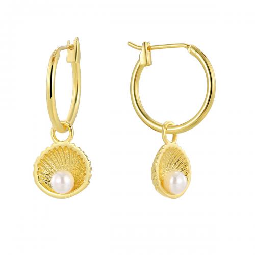 Huggie hoepel Drop Earrings, Messing, met Shell Pearl, plated, voor vrouw, gouden, Verkocht door pair