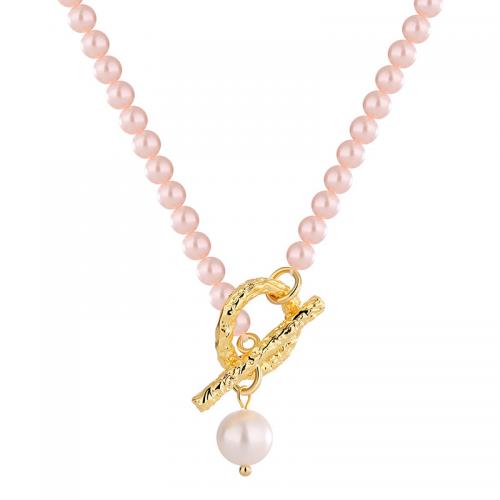 Brass Necklace with Shell Pearl plated for woman pink Length Approx 45-50 cm Sold By PC