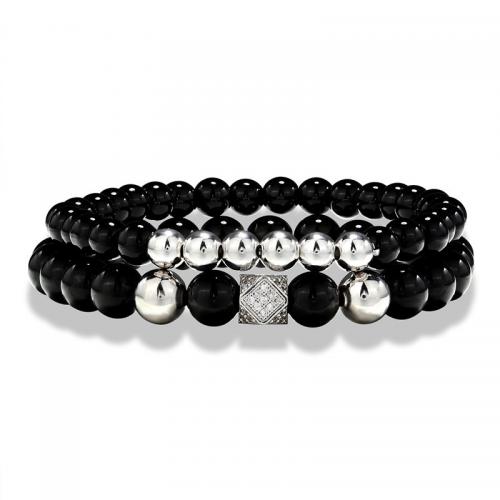 Gemstone Bracelets, Black Stone, with Rhinestone & Brass, Vacuum Ion Plating, Double Layer & fashion jewelry & Unisex & with rhinestone, more colors for choice, Length:Approx 19 cm, Sold By PC