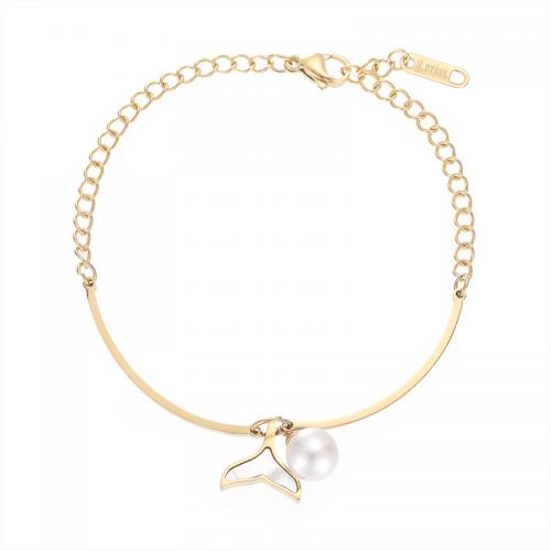 Titanium Stål Armbånd, med White Shell & Plastic Pearl, guldfarve belagt, mode smykker & for kvinde, Længde Ca. 6 inch, Solgt af PC