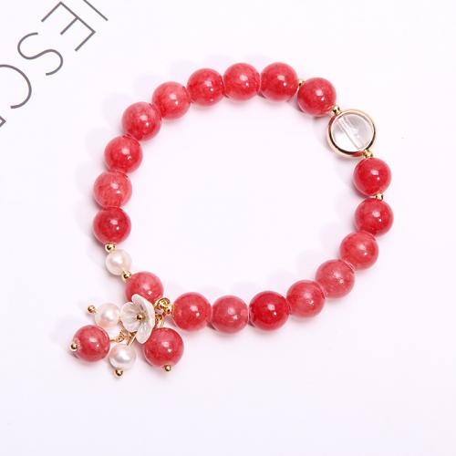 Glass Beads Bracelet, with Freshwater Pearl & Tibetan Style, Flower, gold color plated, folk style & for woman, more colors for choice, beads length 8mm, Length:Approx 6.5 Inch, Sold By PC