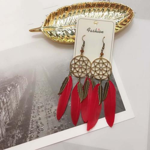 Fashion Feather Earring with Zinc Alloy plated fashion jewelry & Bohemian style & for woman 80mm Sold By Pair