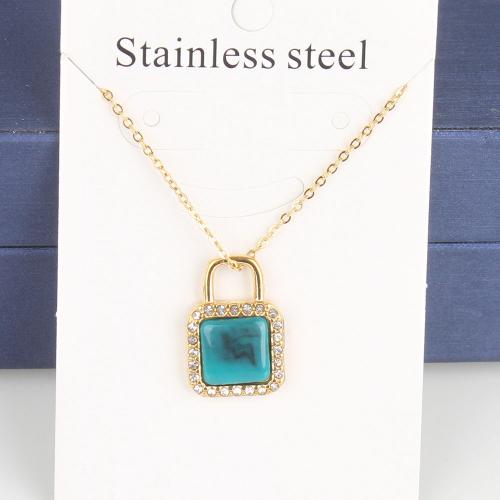 Titanium Steel Necklace, with 5cm extender chain,  Square, Vacuum Ion Plating, fashion jewelry & Unisex & enamel & with rhinestone, more colors for choice, nickel, lead & cadmium free, 17.60x11.90x3.60mm, Length:Approx 45 cm, 5PCs/Bag, Sold By Bag