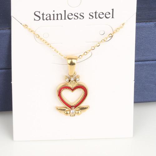Titanium Steel Necklace with 5cm extender chain Heart Vacuum Ion Plating fashion jewelry & Unisex & enamel & with rhinestone & hollow red nickel lead & cadmium free Length Approx 45 cm Sold By Bag