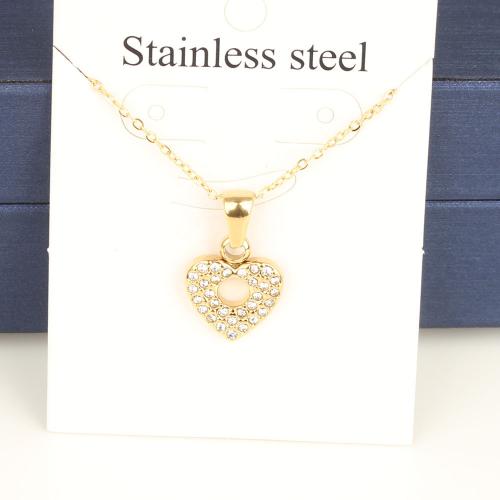 Titanium Steel Necklace, with 5cm extender chain, Heart, Vacuum Ion Plating, fashion jewelry & Unisex & with rhinestone & hollow, golden, nickel, lead & cadmium free, 14.10x11.90x2mm, Length:Approx 45 cm, 5PCs/Bag, Sold By Bag