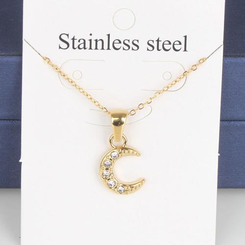 Titanium Steel Necklace, with 5cm extender chain, Moon, Vacuum Ion Plating, fashion jewelry & Unisex & with rhinestone, golden, nickel, lead & cadmium free, 15x10.20x2mm, Length:Approx 45 cm, 5PCs/Bag, Sold By Bag
