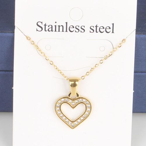 Titanium Steel Necklace with 5cm extender chain Heart Vacuum Ion Plating fashion jewelry & Unisex & with rhinestone & hollow golden nickel lead & cadmium free Length Approx 45 cm Sold By Bag