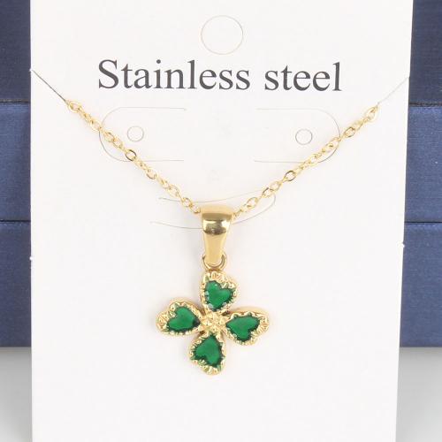 Titanium Steel Necklace with 5cm extender chain Four Leaf Clover Vacuum Ion Plating fashion jewelry & Unisex & enamel green nickel lead & cadmium free Length Approx 45 cm Sold By Bag