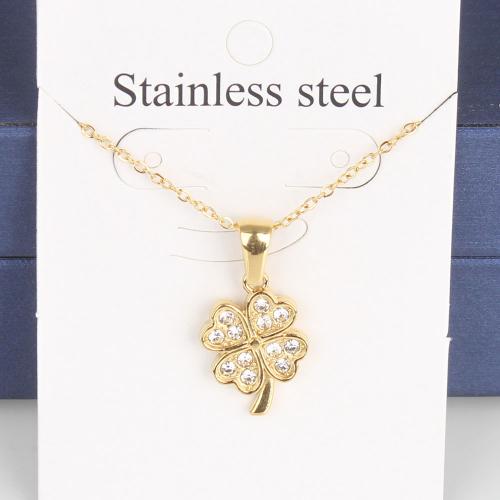 Titanium Steel Necklace with 5cm extender chain Four Leaf Clover Vacuum Ion Plating fashion jewelry & Unisex & with rhinestone golden nickel lead & cadmium free Length Approx 45 cm Sold By Bag