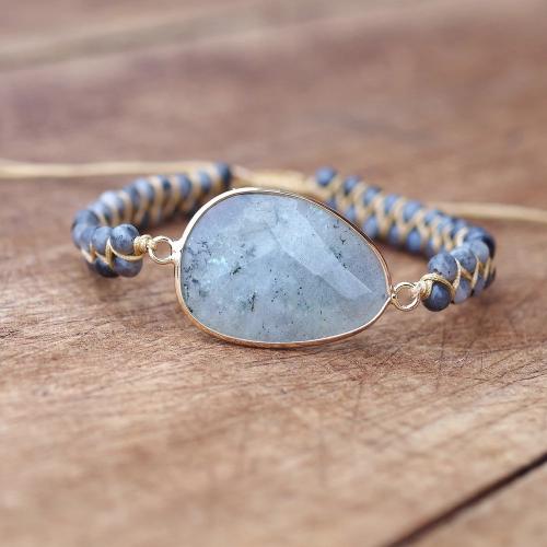 Gemstone Bracelets, Labradorite, with Knot Cord & Brass, Round, gold color plated, Adjustable & fashion jewelry & Unisex, grey, Length:Approx 18 cm, Sold By PC