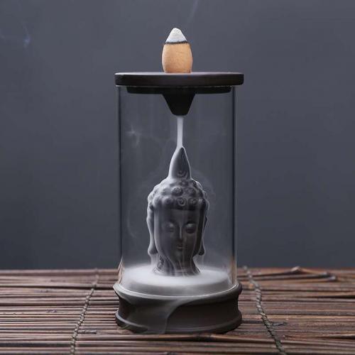 Backflow Incense Burner, Purple Clay, with Acrylic, Buddha, handmade, for home and office & durable, 65x127mm, Sold By PC