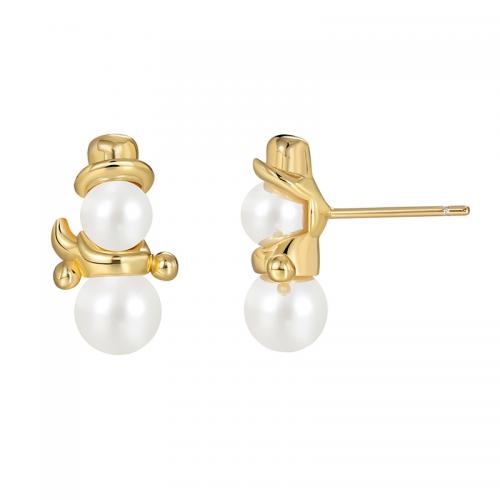 Brass Stud Earring, with Shell Pearl, Snowman, real gold plated, fashion jewelry & for woman, nickel, lead & cadmium free, 6x15mm, Sold By Pair
