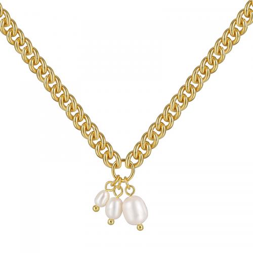 Messing Halskette, mit Muschelkern, plattiert, für Frau, goldfarben, Länge:ca. 45-50 cm, verkauft von PC