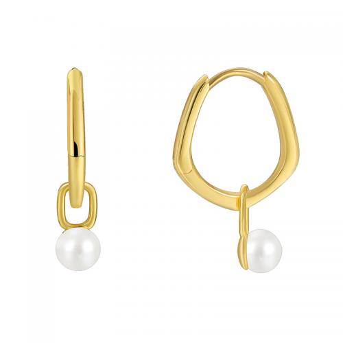 Huggie Hoop Drop Earring, Brass, with Shell Pearl, plated, for woman, golden, Sold By Pair