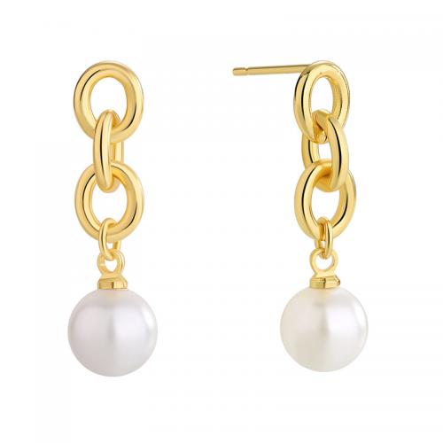 Brass Stud Earring, with Shell Pearl, plated, for woman, golden, Sold By Pair
