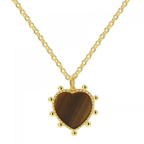 Collar de Latón, metal, con Ojo de tigre, Corazón, chapado, para mujer, dorado, longitud aproximado 45-50 cm, Vendido por UD