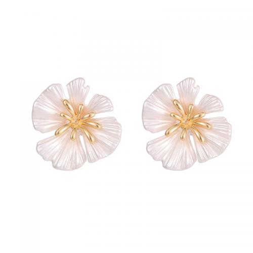 Brass Earring Stud Component with Resin petals plated DIY & micro pave cubic zirconia & enamel Sold By Pair