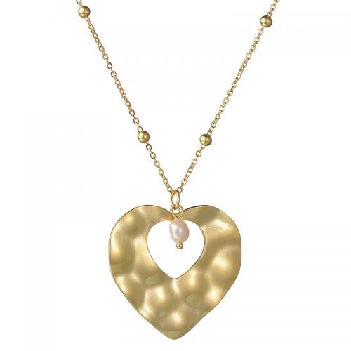 Edelstahl Schmuck Halskette, 304 Edelstahl, mit Kunststoff Perlen, mit Verlängerungskettchen von 5cm, Herz, Modeschmuck & für Frau, goldfarben, 34mm, Länge:ca. 44 cm, verkauft von PC