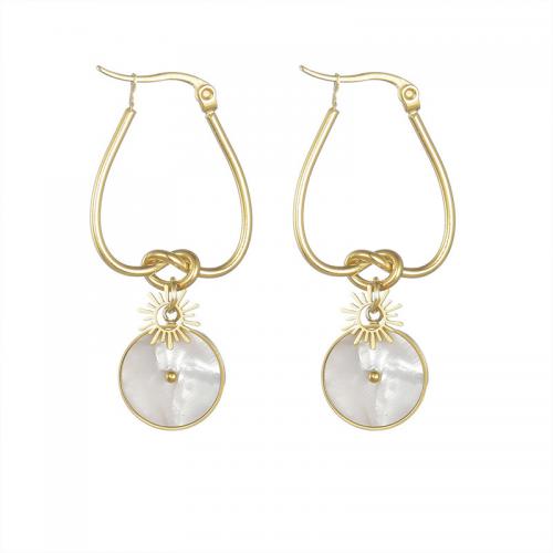 Stainless Steel Drop Earring, 304 Stainless Steel, with Shell, fashion jewelry & for woman, golden, 45x14mm, Sold By Pair