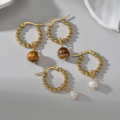 Stainless Steel Drop Earring 304 Stainless Steel with Tiger Eye & Plastic Pearl fashion jewelry & for woman golden 34mm Sold By Pair