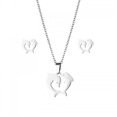 Fashion Stainless Steel Jewelry Sets, Stud Earring & necklace, 304 Stainless Steel, Dolphin, 2 pieces & fashion jewelry & for woman, silver color, Length:Approx 45 cm, Sold By Set