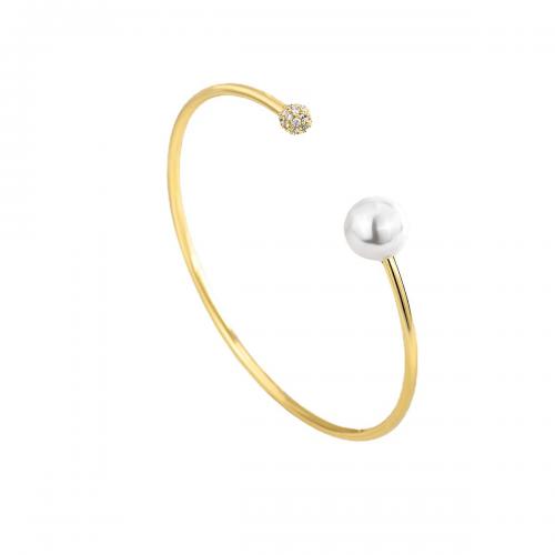 Brass Bracelet & Bangle, with Shell Pearl, plated, micro pave cubic zirconia & for woman, golden, Sold By PC