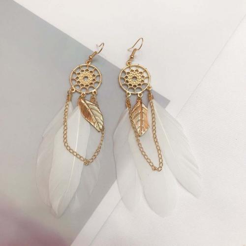 Fashion Feather Earring with Zinc Alloy gold color plated fashion jewelry & Bohemian style & for woman Sold By Pair