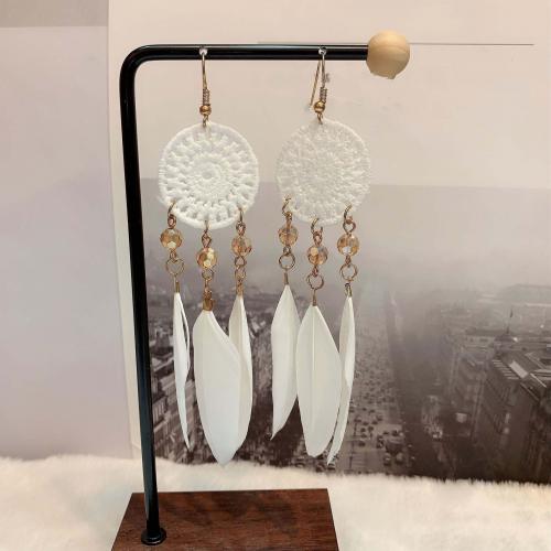 Fashion Feather Earring, with Knot Cord & Crystal & Iron & Tibetan Style, gold color plated, fashion jewelry & Bohemian style & for woman, more colors for choice, 100mm, Sold By Pair