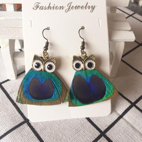 Fashion Feather Earring with Zinc Alloy antique bronze color plated fashion jewelry & Bohemian style & for woman & enamel mixed colors 60mm Sold By Pair