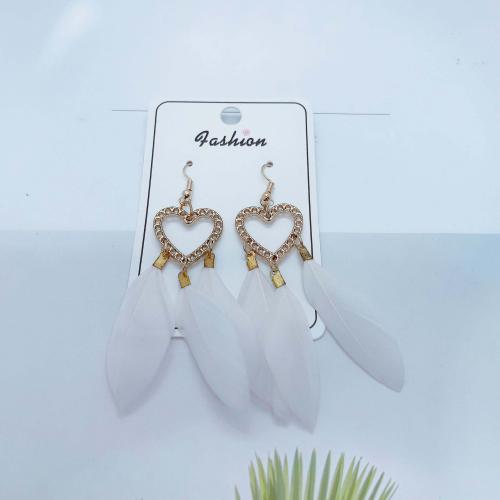 Fashion Feather Earring with Zinc Alloy Heart gold color plated fashion jewelry & Bohemian style & for woman 70mm Sold By Pair