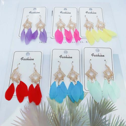 Fashion Feather Earring with Zinc Alloy Rhombus gold color plated fashion jewelry & Bohemian style & for woman & hollow 75mm Sold By Pair
