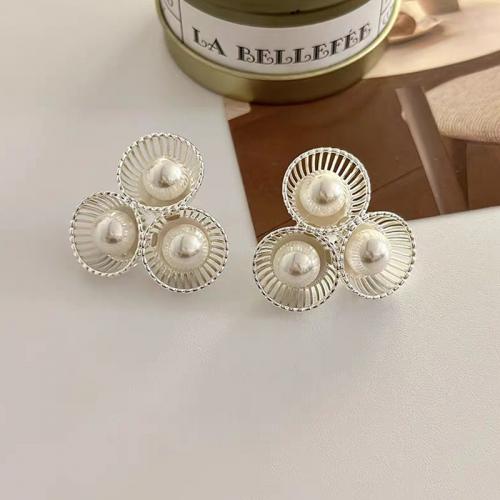 Tibetan Style Stud Earring, with Plastic Pearl, silver color plated, fashion jewelry & for woman & hollow, white, 34x34mm, Sold By Pair