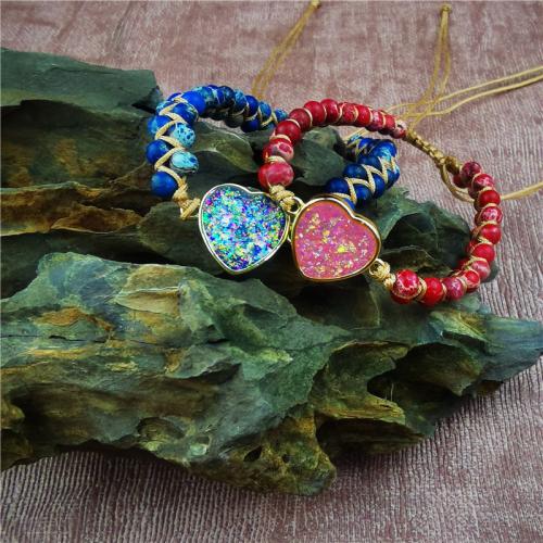 Natural Lapis Lazuli Bracelets, Impression Jasper, with Knot Cord & Resin & Brass, Heart, gold color plated, Adjustable & fashion jewelry & Unisex, more colors for choice, Length:Approx 18-22 cm, Sold By PC