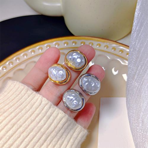 Tibetan Style Stud Earring, with Plastic Pearl, plated, fashion jewelry & for woman, more colors for choice, 16x19mm, Sold By Pair