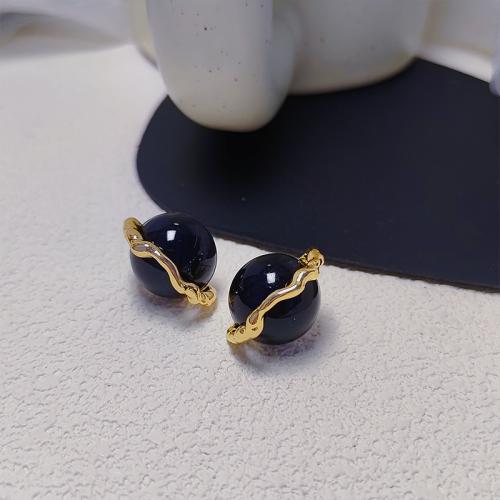 Tibetan Style Stud Earring, with Plastic, gold color plated, fashion jewelry & for woman, black, 21x16mm, Sold By Pair