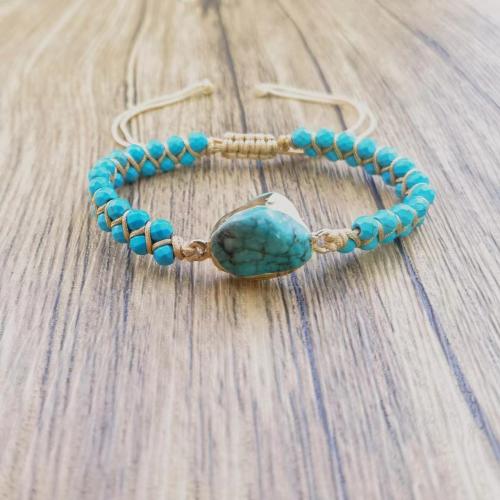 Fashion Turquoise Bracelets, Natural Turquoise, with Knot Cord & Brass, irregular, gold color plated, Adjustable & fashion jewelry & Unisex, blue, Length:Approx 17-26 cm, Sold By PC