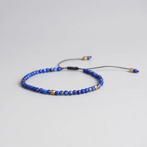 Bracelets de lapis-lazuli naturel, Lapis lazuli, avec Cordon de noeud & alliage de zinc, Rond, Placage de couleur d'or, Réglable & bijoux de mode & unisexe & facettes, bleu, 3mm, Longueur:Environ 17-26 cm, Vendu par PC