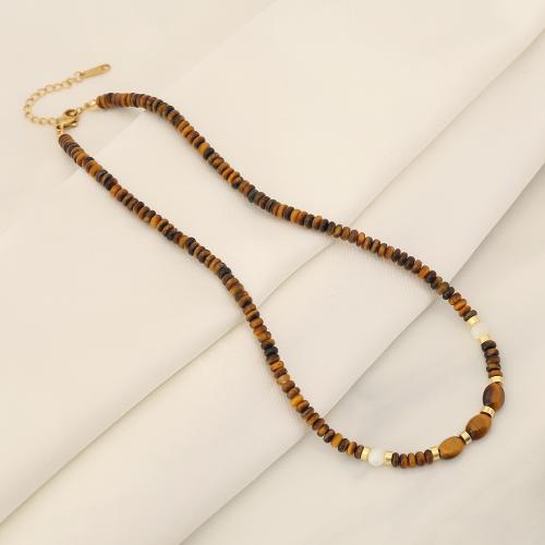 Natural Gemstone Necklace, Tiger Eye, with Plastic Pearl & Brass & 304 Stainless Steel, with 5cm extender chain, handmade, fashion jewelry & different styles for choice & for woman, Length:Approx 40 cm, Sold By PC