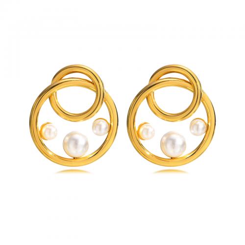 Titanium Steel  Earring, with Plastic Pearl, Vacuum Ion Plating, fashion jewelry & for woman, golden, 23x20.50mm, Sold By Pair