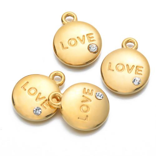 Stainless Steel Pendants, 304 Stainless Steel, Round, gold color plated, DIY & with rhinestone, 10x13mm, 30PCs/Bag, Sold By Bag