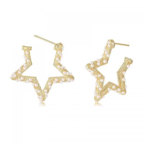 Brass Stud Earring, with Plastic Pearl, Star, fashion jewelry & for woman, gold, nickel, lead & cadmium free, 30mm, Sold By Pair